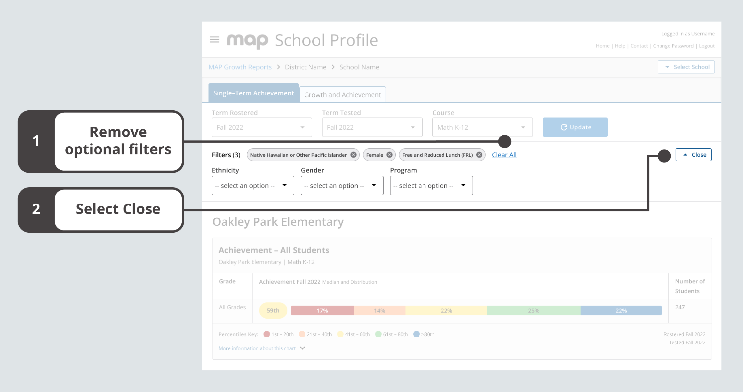 Example showing three applied filters: Native Hawaiian or Other Pacific islander,Female, and Free and Reduced Lunch (FRL). The option to Close the section is located after Clear All.